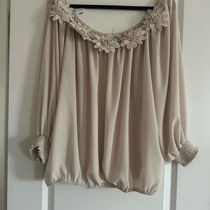 Joseph Ribkoff Cream Blouse with Ruffled Neckline and 3/4 Bishop Sleeves